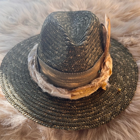 Custom-Made HandCrafted Beach Straw Fedora Hat with crystals, feathers, ribbons - Picture 6 of 8